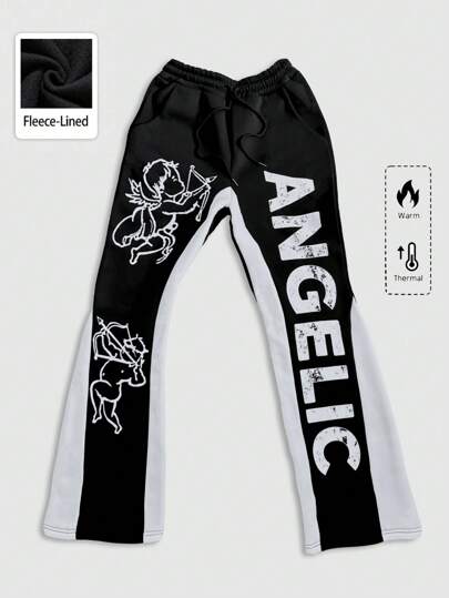 Street Life Pantaloni casual da uomo con coulisse in vita, tasche, grafica con angelo, a zampa d'elefante