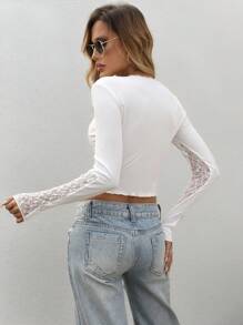 SHEIN Unity Women's Solid Color Round Neck Short Hem Fitted Long Sleeve Contrast Lace T-Shirt, Autumn Fall Cloth For Women - White - View 2