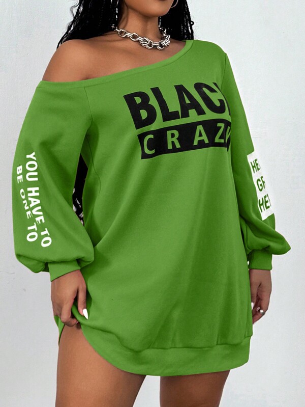 Maweii Femei Dimensiuni Plus Litere Imprimate Casual Lejer Gât Asimetric Sexy Rochie Hanorac Cu Maneci Lungi