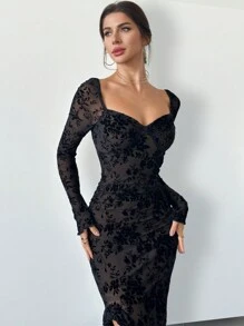 Firerie Nuevo vestido elegante de otoño/invierno con cuello cuadrado acolchado con flores, drapeado y abertura con volante en el bajo para un efecto estilizador