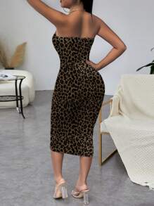 SHEIN SXY 豹纹露肩紧身长款休闲连衣裙，适合夏季 - 白色 - 查看 2