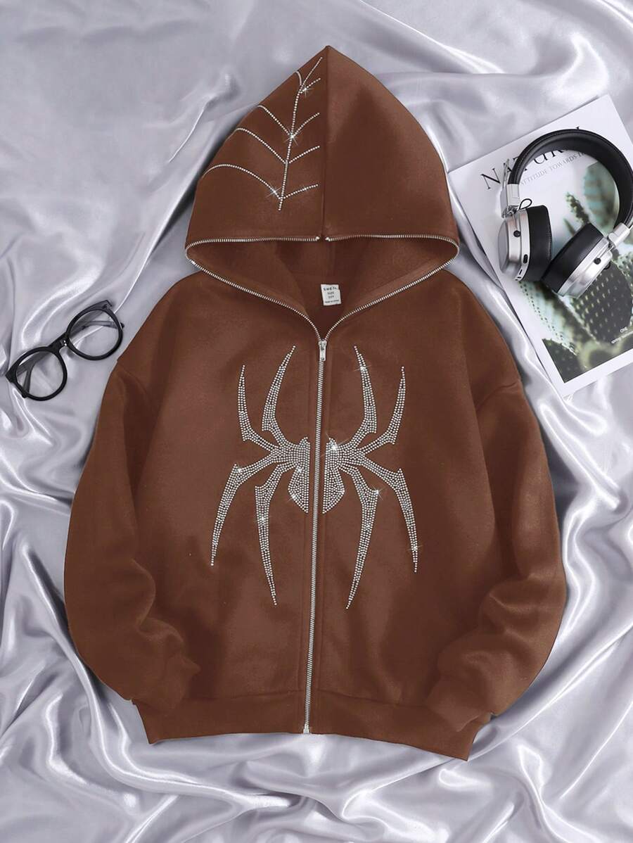 SHEIN Tween Girls' Casual Knit Spider Rhinestone Embellished Hooded Sweatshirt Sweatshirt - Brown - View 1