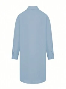 Maweii Plus Size Plain Front Button Closure Long Sleeve Casual Short Dress - Dusty Blue - View 2
