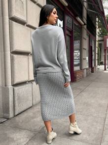 SHEIN LUNE Bộ đồ nữ 2 món: Áo và chân váy dệt kim màu xám, bộ đồ mùa đông. - Xám - Xem 2