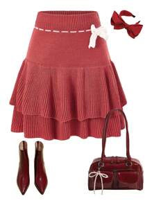 SHEIN Teenage (Gils) Color Blocking Knitted Sweater Dress, Butterfly Decor Double Layer Christmas Party Skirt, Suitable For Autumn/Winter - Red - View 1