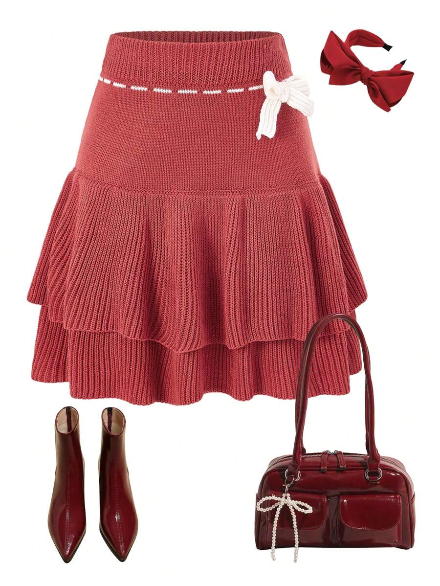 SHEIN Teenage (Gils) Color Blocking Knitted Sweater Dress, Butterfly Decor Double Layer Christmas Party Skirt, Suitable For Autumn/Winter - Red - View 1