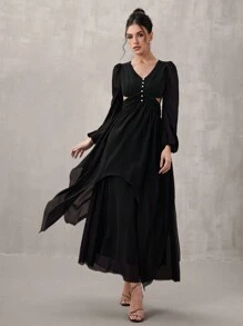 SHEIN Belle Women Elegant Woven Black Hollow Bodycon Long Sleeve Pearl Button Closure Long Dress, Semi Formal Prom Dress, For Birthday, Wedding Guest, Graduation Homecoming - Black - View 4