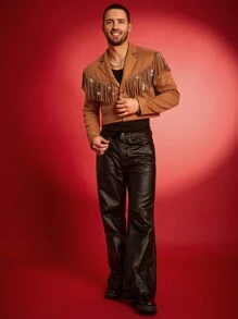 FeverCity 男士平领长袖休闲西装外套，流苏装饰，简约设计