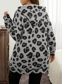 SHEIN LUNE 大码女式豹纹长袖抽绳连帽衫，带口袋，秋季假期新年冬装