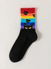 Benitta Artist Retro Minimalist Happy Black Cat & Rainbow Patterned Mid-Calf Socks For Women, Warm For Holiday