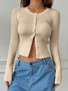 SHEIN EZwear Women's Solid Color Round Neck Button-Up Long Sleeve Casual Knit Cardigan, Autumn/Winter - Apricot - View 5