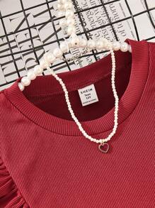 2pcs/Set Teen Girl Red Ruffle Round Neck Sleeveless Top And Black Mini Skirt - Red - View 3