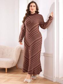 Mulvari Plus Size Stand Collar Long Sleeve Casual Striped Knit Sweater Dress, For Winter