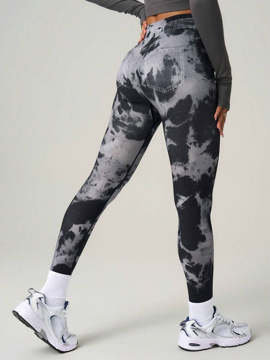 Core Rhythm Leggings sin costuras con efecto de mezclilla y teñido anudado - Negro - Ver 1
