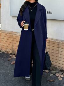 Calvaya Plus Size Solid Color Button Front Long Sleeve Notched Collar Minimalist Casual Trench Coat - Navy Blue - View 1