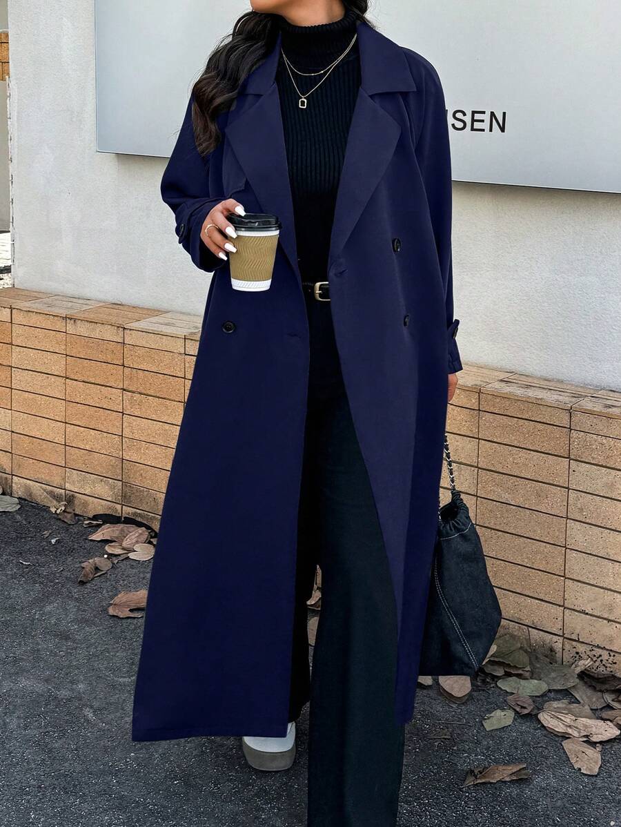 Calvaya Plus Size Solid Color Button Front Long Sleeve Notched Collar Minimalist Casual Trench Coat - Navy Blue - View 1