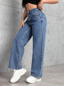 SHEIN PETITE Floral Print Pocketed Casual Straight-Leg Jeans - Blue - View 3