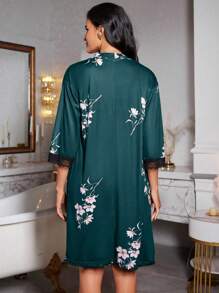 LuxeNights 2pcs/Set Lace Patchwork Print Camisole Nightgown And Robe