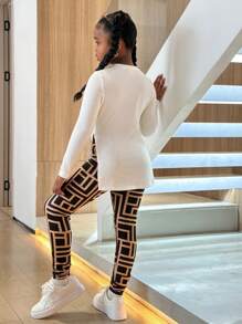 Conjunto de top de manga larga con estampado de oso y leggings con estampado geométrico, informal y deportivo para niñas preadolescentes - Multicolor - Ver 2