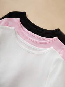 SHEIN 3pcs Young Girl Solid Color Fashion Thermal Underwear Sets, Includes Black, White And Pink, Long Sleeve, Sold Separately - Multicolor - View 4