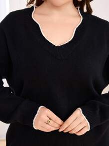 Mulvari 大码休闲拼色条纹毛衣和裤子套装，秋冬两件套 - 黑色 - 查看 5