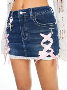 ROMWE Kawaii Lace-Up Bow Accent Denim Mini Skirt For Women - Medium Wash - View 3