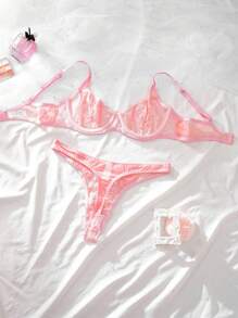 Bộ đồ lót 2 món, áo ngực có gọng cúp 1/2 có viền ren và quần lót lọt khe thanh lịch lãng mạn - Hồng - Xem 7