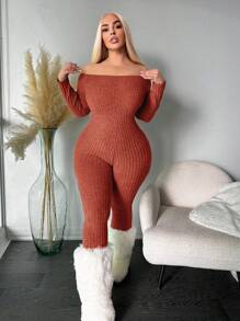 SHEIN SXY Combinaison moulante à col roulé grande taille, chaude - Tabac - Voir 6