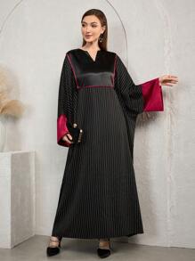 Al Najma 保守土耳其条纹拼接通勤长袍 - 黑色 - 查看 5