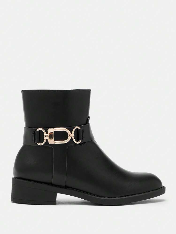 CUCCOO BIZCHIC Women's Solid Color Side Zipper Metal Buckle Decor Casual Fashion Ankle Boots For Christmas And New Year Holiday Vibe Fall And Winter