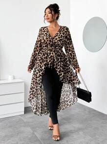 Elenzga 2 件套大码女式豹纹雪纺长袖 V 领上衣配腰带和紧身裤套装 - 彩色 - 查看 4