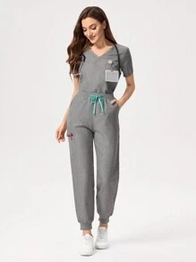 Scrubzie Bộ đồng phục chức năng áo và quần ngắn tay cổ chữ V màu trơn cho nữ - Xám - Xem 8