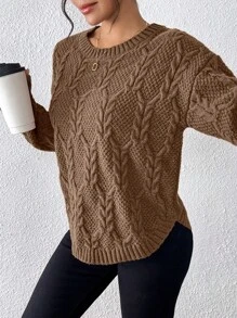 SHEIN Unity Suéter casual de unicolor con hombros caídos y bajo curvo, de manga larga, tejido, para otoño/invierno - Marrón - Ver 6