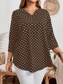 EMERY ROSE Áo cánh mùa thu cổ bẻ in chấm bi thường ngày cỡ lớn cho nữ, tay cuộn - màu nâu - Xem 4