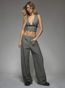 MISSGUIDED Tailored Checkered Patch Pocket Wide Leg Trousers Office Wear