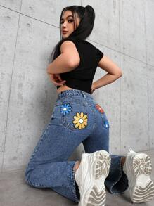 SHEIN PETITE Floral Print Pocketed Casual Straight-Leg Jeans - Blue - View 7