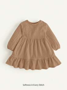 Cozy Pixies Đầm bé gái cổ tròn tay bồng vai nhỏ họa tiết sóng thắt eo - Màu Khaki - Xem 5