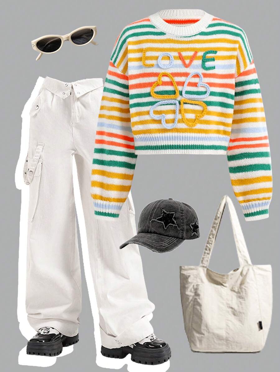 Tween Girl Striped Letter Print Crew Neck Drop Shoulder Long Sleeve Sweater, Suitable For Various Occasions In Autumn/Winter - Orange - View 1