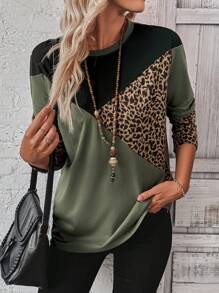 EMERY ROSE Camiseta casual de mujer con estampado de leopardo en bloques de color, otoño
