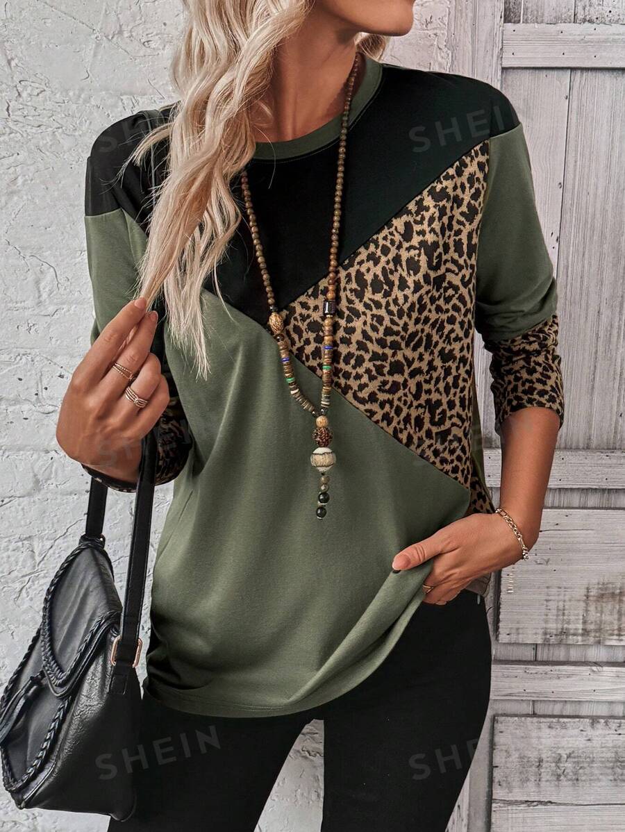 EMERY ROSE Camiseta casual de mujer con estampado de leopardo en bloques de color, otoño