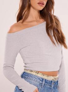 MUSERA Asymmetrical Shoulder Fitted Crop TopVacation Spring Summer Casual Holiday - Grey - View 5