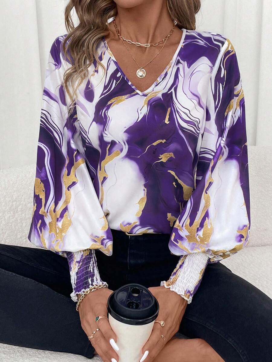 SHEIN Clasi 1 chiếc áo dài tay họa tiết hình học màu tím cho nữ tay dài xếp ly thanh lịch để đi làm/hẹn hò - Nhiều màu - Xem 1