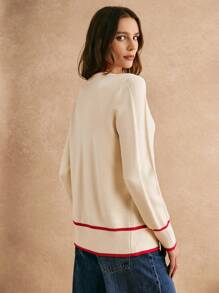 Poéselle 秋季新款宽松V领长袖开衫毛衣撞色边设计针织外套学院风圣诞毛衣休闲舒适百搭FW24皮草 - 白色 - 查看 4