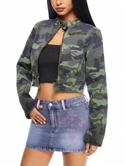 J-Fashion Chaqueta vaquera ajustada con estampado de camuflaje para mujer estilo Y2K