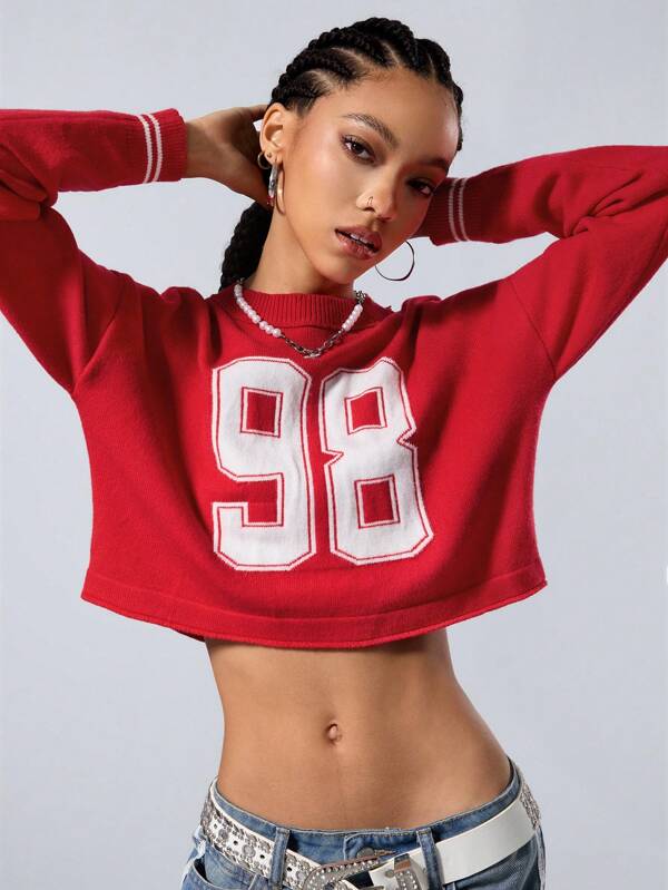 Coolane Women's Fall/Winter Basic Number Printed Keep Warm Red Round Neck Long Sleeve Crop Sweater