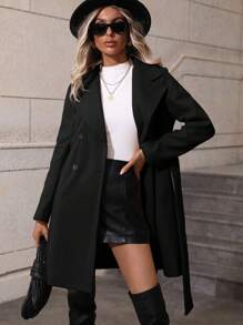 SHEIN PETITE Women's Casual Solid Color Double-Breasted Coat, Autumn / Winter