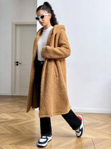 SHEIN 青少年女孩长款连帽休闲棕色泰迪羊毛夹克，可爱外套，返校外套，秋冬