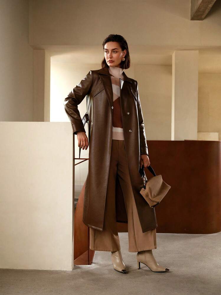 MOTF PREMIUM PU LEATHER LAPEL COLLAR BUCKLE BELTED TRENCH COAT