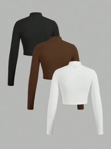 SHEIN EZwear Set de 3 camisetas de manga larga con cuello con cremallera y tela acanalada, adecuadas para primavera y otoño