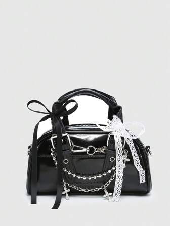 Bolso de mano mini de estilo oscuro con lazo, decoración de cadena cruzada para mujer